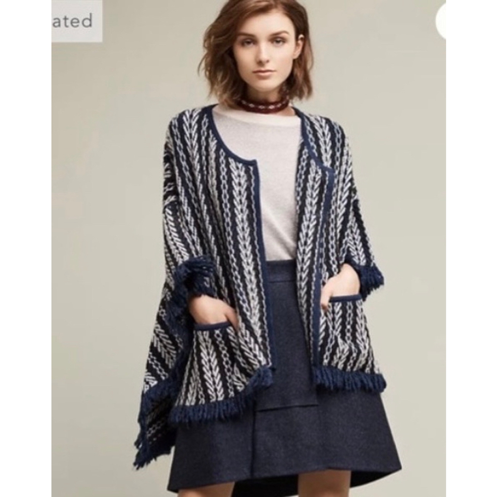 Sleeping On Snow Anthropologie Tajo Jacquard Poncho Cape Fringe O/S